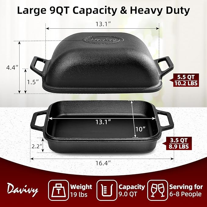 Davivy 9QT Dutch Oven for Sourdough Bread, Non-stick Cast Iron Sourdough Bread Loaf Baking Pan, Large Capacity Cast Iron Loaf Pan, with Silicone Oven Mitts, 12.3" x 9.2", Matte Black
