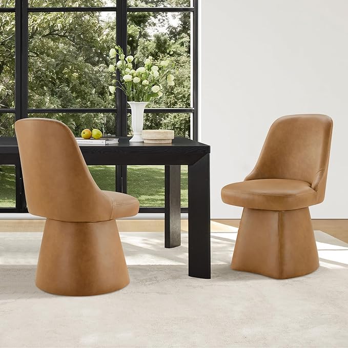 Swivel Dining Chairs Set of 2, Upholstered Mid Century Modern Deskchair with High Back, Faux Leather Kitchen Chairs for Dining Room, Bedroom, Dressing Room, Brown