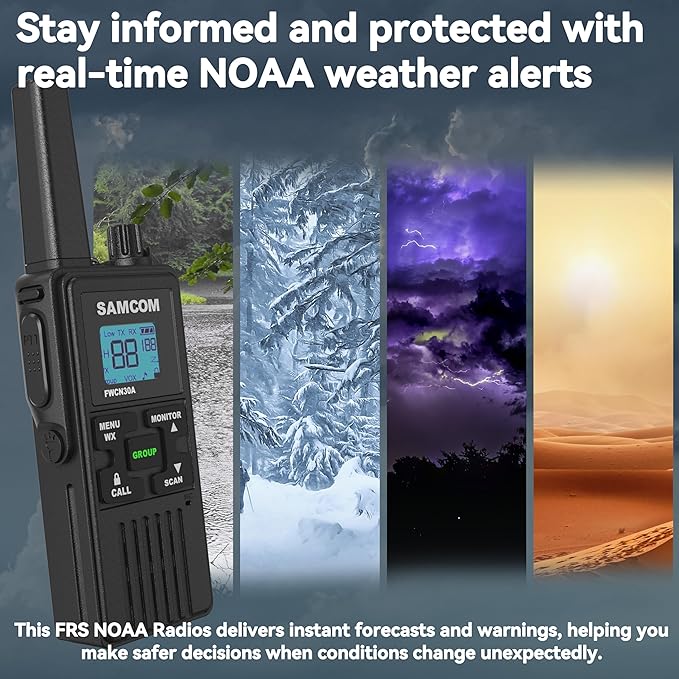 SAMCOM Walkie Talkies for Adults Long Range Rechargeable 2 Pack FWCN30A 2 Way Radios, Hiking Camping Gear for Family USB Charging 1250mAh NOAA Weather Alert