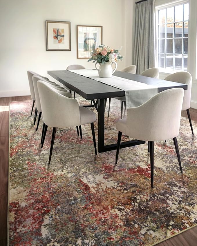 Washable Area Rug for Living Room: 9x12 Modern Abstract Neutral Soft Rug for Bedroom Dining Room No Slip Low Pile Carpet for Nursery Home Office - Red/Ivory