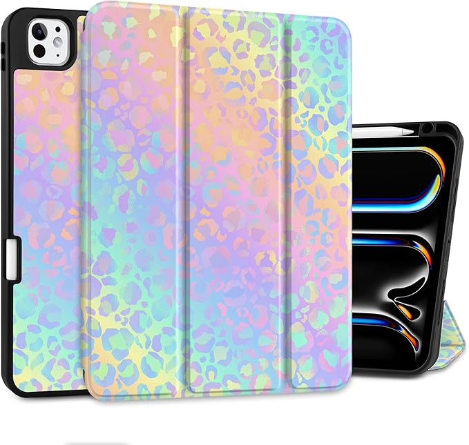Case for iPad Pro 13 inch (M5 2025 / M4 2024) – [Built-in Pencil Holder] Ultra Slim PU Leather Trifold Stand Cover with Soft TPU Back Auto Wake/Sleep - Color Leopard