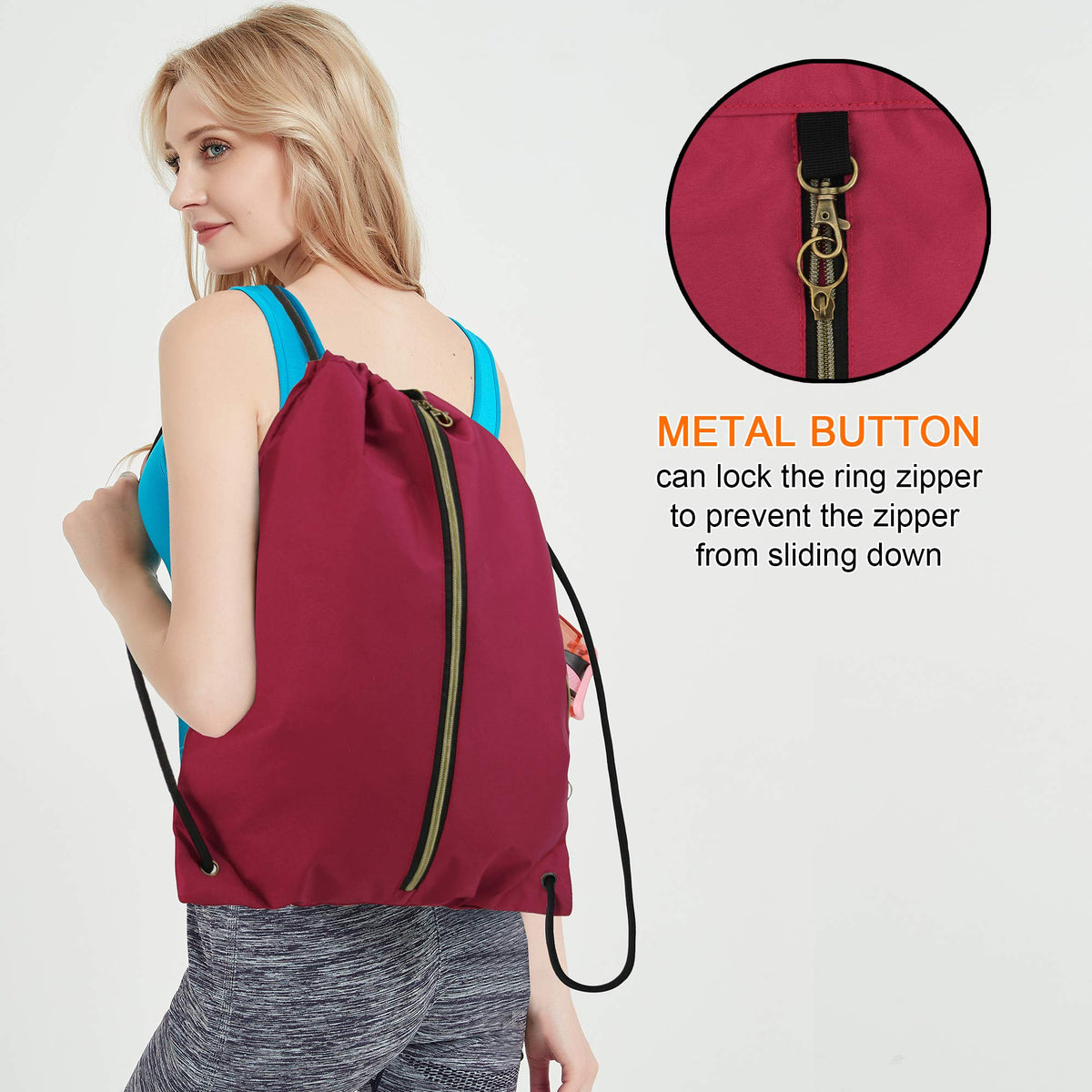 BeeGreen Maroon Drawstring Backpack with 3 Zipper Pocket and 2 Inside Pouch，19.2 "x 15" Large Sports Gym Drawstring bag Draw String Bags Pack