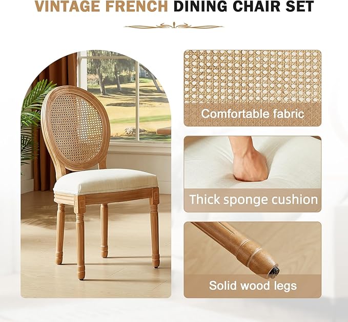 Nrizc French Country Dining Chairs Set of 4, Farmhouse Fabric Chairs with Round Back, Rattan Dining Chair, Oval Side Chairs for Dining Room/Living Room/Kitchen/Restaurant