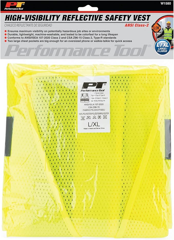 Performance Tool W1580 High-Visibility Reflective Safety Vest, Chest Pockets, Zip Closure, Neon Yellow