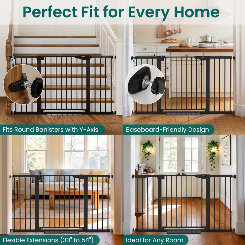 Cumbor 30-54" Extra Wide Baby Gate for Stairs, Dual Lock & Self-Closing Dog Gate Indoor, Easy Install Pet Gate for Doorways, Hallways & Kitchen, Easy Walk Thru Safety Proofing for Babies & Pets, Black