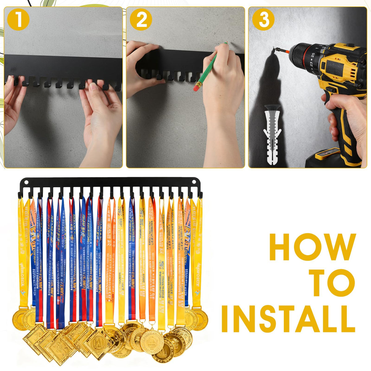 PercyEffie 4 Pack Medal Holder Hanger Display with 20 Hooks Wall Mounted Sport Metal Medal Display Hanger Rack for Running Marathon Gymnastics Soccer Wrestling Black