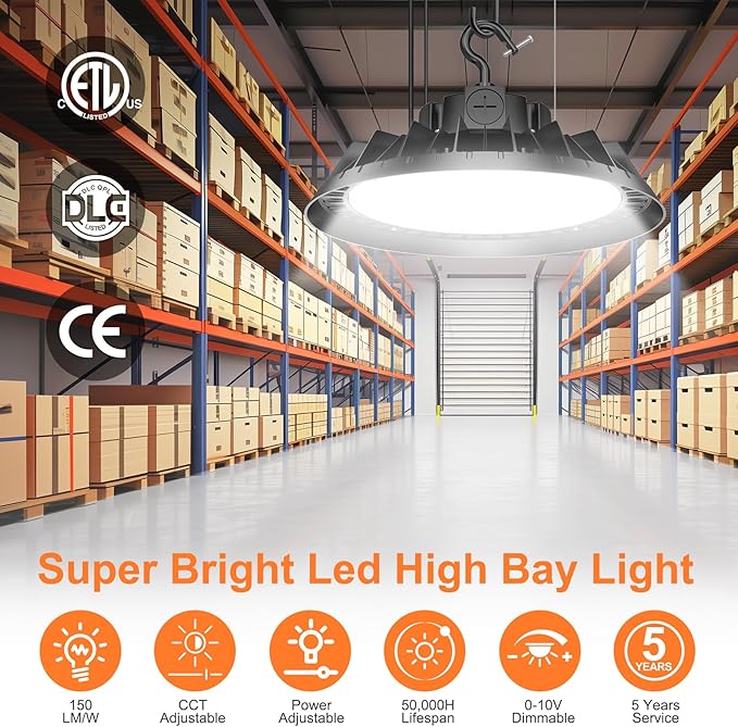 LED High Bay Lights, 300W UFO High Bay LED Shop Lights, 45000LM Adjustable CCT(5700K 5000K 4500K) & Power(300W 240W 200W), 0-10V Dimmable, 5' Cable Plug, IP65 Waterproof, ETL & DLC Listed High Bay
