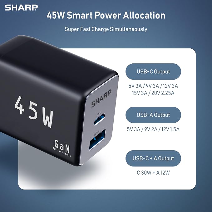 Sharp USB C Charger 45W 2 Port (USB A+C) Compact Foldable GaN Fast Charge for iPhone 15/15 Plus/15 Pro/15 Pro Max/14 Galaxy Pixel 4/3 iPad/iPad Mini - Black G451A1CU-BLK