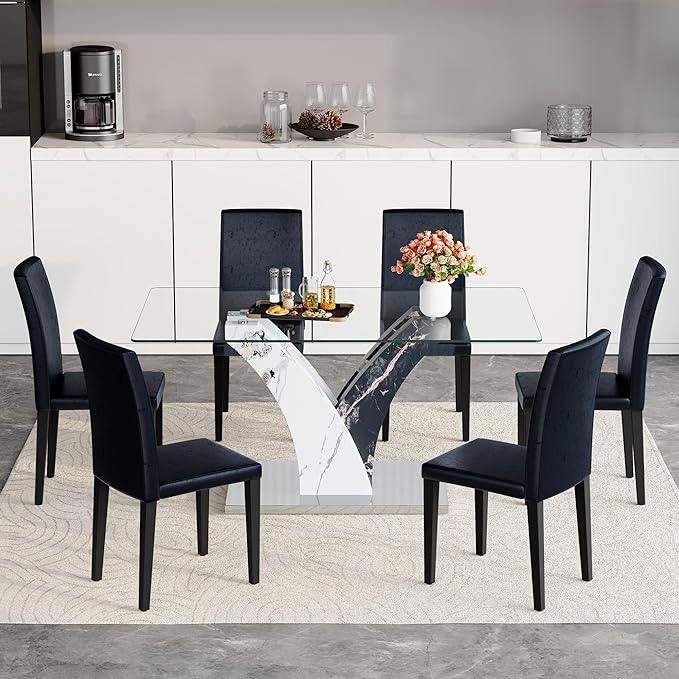 Glass Dining Table Set for 6, 63” Kitchen Table Set for 6, Modern Dining Room Table Set with Upholstered Chairs, Tempered Glass Tabletop with Y Shape Base