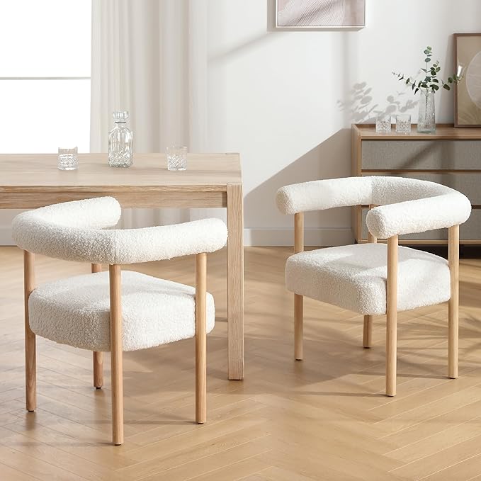 White Boucle Dining Chairs Set of 4, Modern Upholstered Dining Chairs, Curved Backrest Kitchen Dining Room Chairs Accent Chairs Arm Chairs with Natural Wood Legs