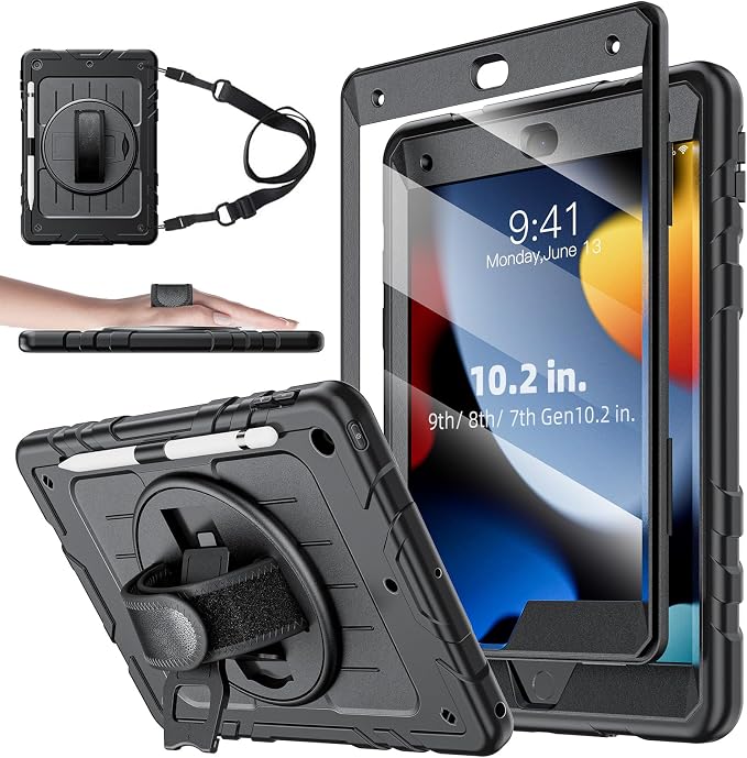 Case for iPad 9th/8th/7th Generation-Built-in Screen Protectorwith Pencil Holder&amp360°Rotating Hand StrapShoulder StrapCase for iPad 10.2 inch 2021-2019(Black)