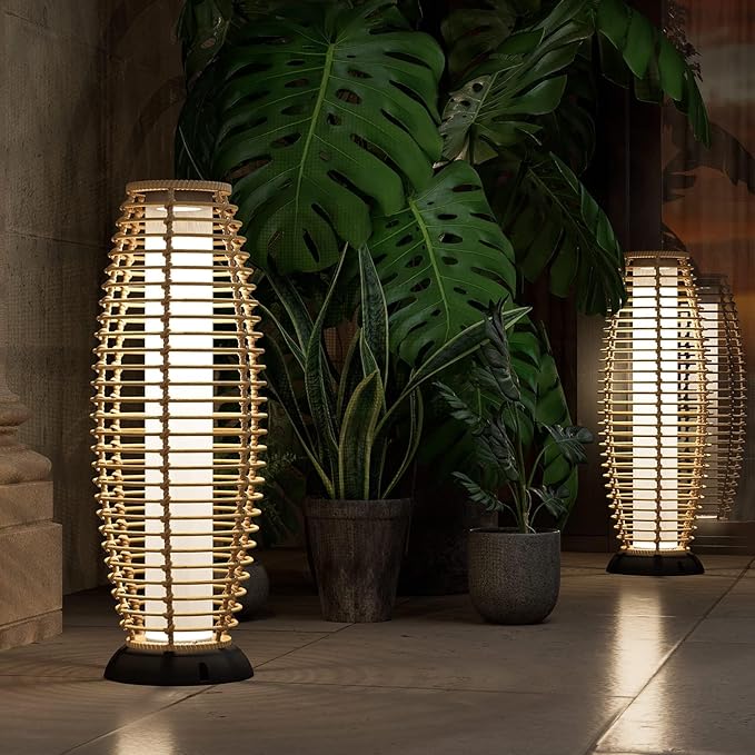 Solar Yard Outdoor Floor Lamp Patio Lights Solar Powered Lantern Weather-Resistant Wicker Deck Lights, Lamp Large for Garden (Austin Natural Brown)