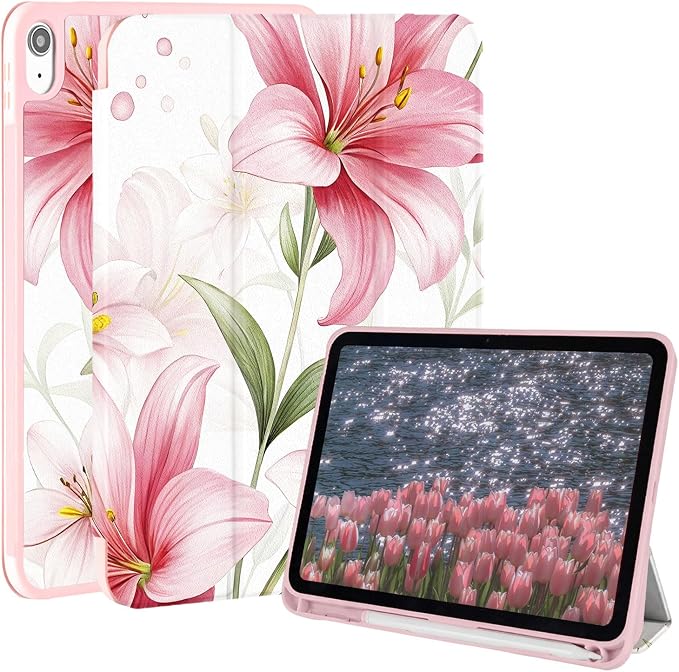 Case for iPad 9th/ 8th/ 7th Generation Case 10.2&amp10.5 Inch (2021/2020/2019 Release) Slim Lightweight Soft Trifold Back Cover with Pencil Holder &amp Auto Sleep/Wake Cover Cherries Cheetah Bows