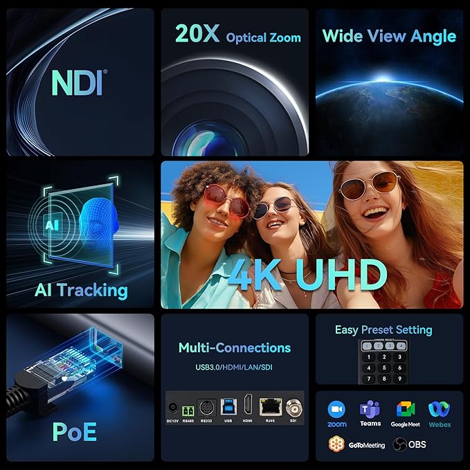 TONGVEO 4K NDI PTZ Camera AI Auto-Tracking 20X Optical Zoom HDMI IP Live Streaming SDI USB3.0 PoE LAN Supports for Church Worship Event Video Conference YouTube OBS vMix Zoom Teams and More