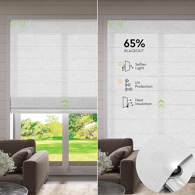 ZSTARR Smart Roman Shades Rechargeable Motorized Blinds with Remote Light Filtering Roman Window Shades Plain Fold Soft for Doors Bedroom, Custom Size (Sheer White)
