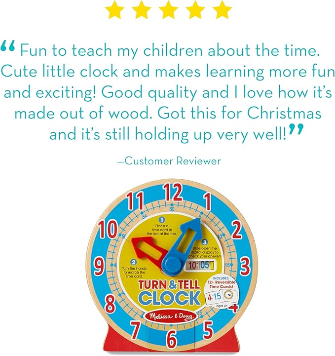 Melissa & Doug Turn & Tell Wooden Clock - Educational Toy with 12+ Reversible Time Cards