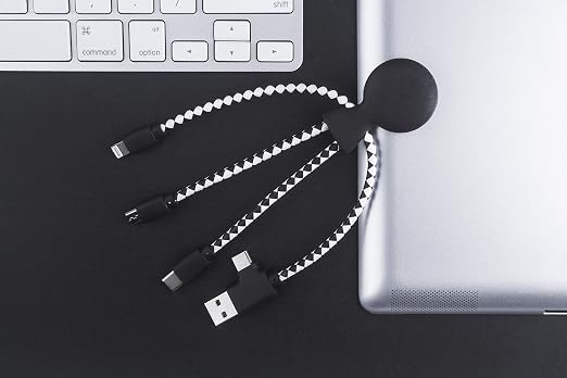 Xoopar - Mr Bio 4 in 1 Multi USB Cable Octopus Design Black - Universal Recycled Plastic Charger - USB Plug - USB-C - Lightning - Micro USB for Universal Smartphone