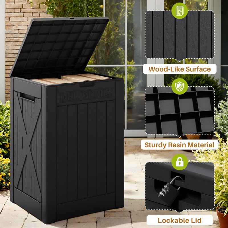 Devoko 48 Gallon Package Delivery Box Outdoor Secure Lockable, Waterproof Deck Box PP Material Storage Container for Porch, Deck (Black, 48 Gallon)