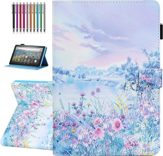 Case for Amazon Fire HD 8 &amp 8 Plus (12th/10th Generation 2024/2022/2020 Release) Pen Holder Premium PU Leather Stand Cover with Smart Auto Wake/Sleep Green Tress