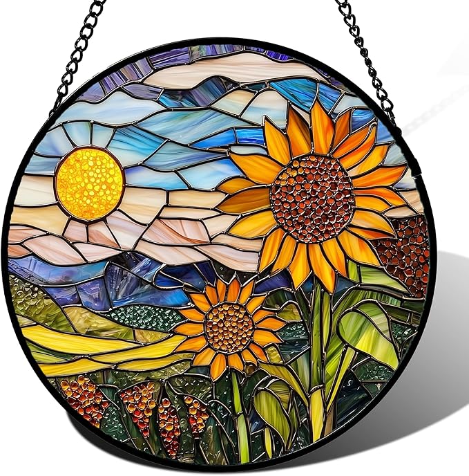 Stained Glass Suncatcher, Sunflower Flowers Landscape Sun Catcher Plant Mountains Stain Glass Window Hanging Decoration Mother's Day Birthday Gifts for Women Men Mom Nana 11.8 in