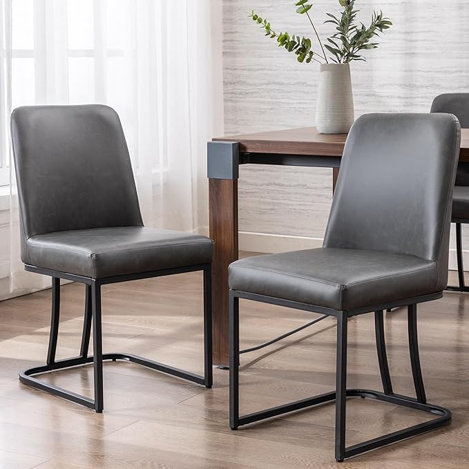 Charcoal PU Leather Dining Chairs Set of 2 Mid Century Modern Comfortable Dining Room Chair with Curved Backrest, Upholstered Kitchen Side Chairs with Black Metal Legs