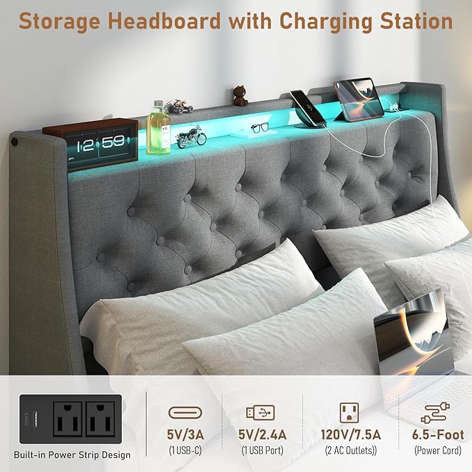 SADENICEL Queen Bed Frame with Storage Headboard and 2 Drawer, Metal Queen Size Bed Frame Platform with LED Light, Charging Station, No Box Spring Needed, Noise Free, Easy Assembly, Grey
