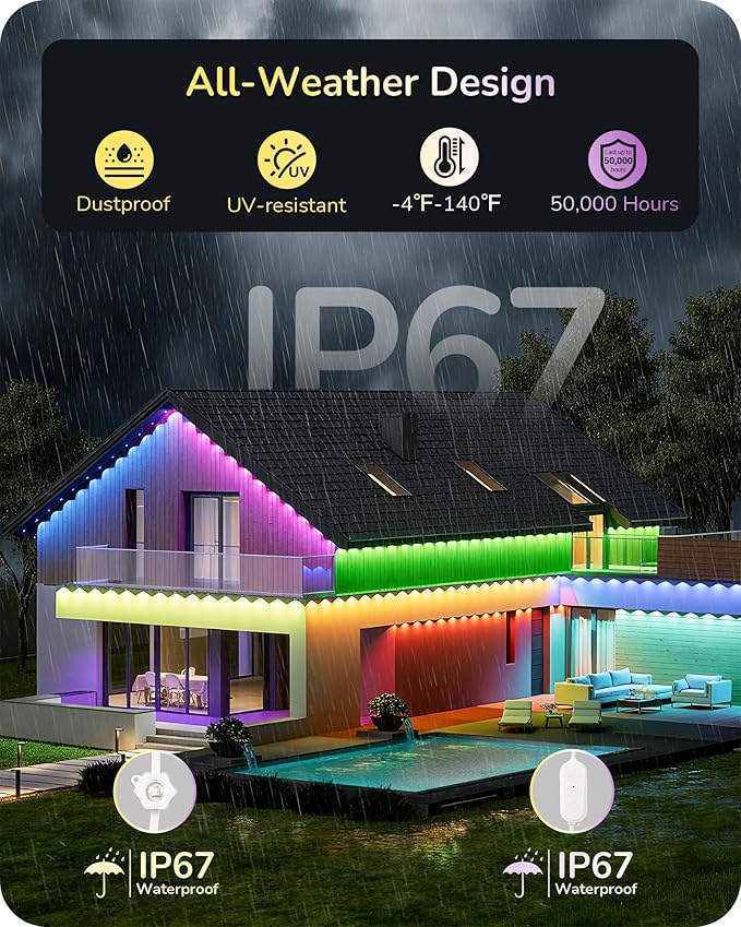EDISHINE Cuttable Permanent Outdoor Christmas Lights PRO, 100FT 60 LED RGB+IC+Warm White Eave Light, 111+ Scene Mode, Smart APP/Voice & Remote, IP67 for House Year-Round Decor, Work with Alexa, Google