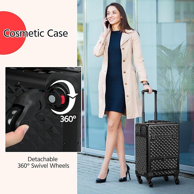 Yaheetech Rolling Makeup Train Case Aluminum Cosmetic Case with Wheels Barber Case Salon Lockable Travel Trolley with Sliding Drawers Removable Divider, Black/Red