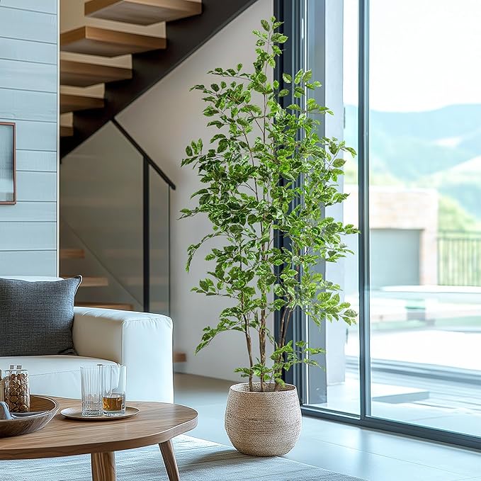 Artificial Ficus Tree Indoor 6ft, Large Potted Faux Tree with Realistic Silk Leaves & Trunk for Home Office, Living Room Corner Decor