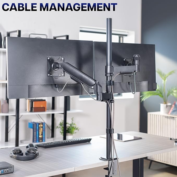 VIVO Dual Monitor Arm Extra Tall Mount for Screens up to 32 inches, Mechanical Height Adjustment, Full Articulating Heavy Duty VESA Stand with Desk C-clamp and Grommet, STAND-V012K