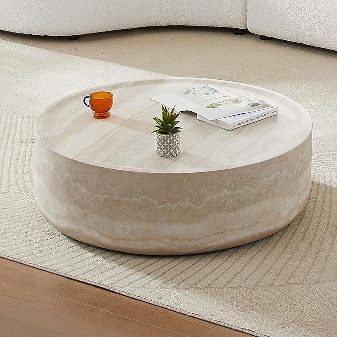 Round Coffee Table 39.37'' Marble Pattern Drum Shaped Coffee Table Fiberglass Cocktail Table Center Table for Living Room ome Office, Fully Assembled, White