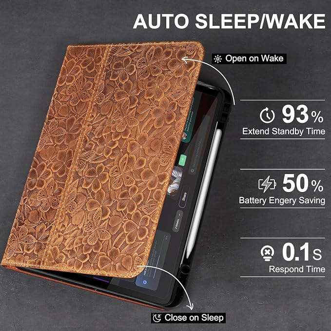 Leather Case for iPad Pro 13 Inch M5/M4 2025/2024Silver Black | Genuine Leather Cover with Pencil HolderProtective Smart Folio Auto Sleep/WakeShockproofAdjustable Stand