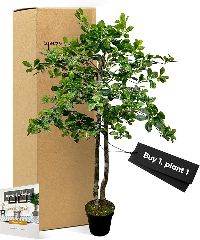 Cypress & Alabaster Handmade 4ft Italian Black Olive Leaf Artificial Tree with Ethically Sourced Real Wood Trunks, Hypoallergenic, 4-Foot, Green