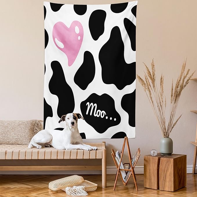 Ambesonne Cow Print Tapestry, Camouflage Hide Skin Pattern in Pastel Color Shades Heart Shape Moo, Fabric Wall Hanging Decor for Bedroom Living Room Dorm, 30" X 45", Pink Black White
