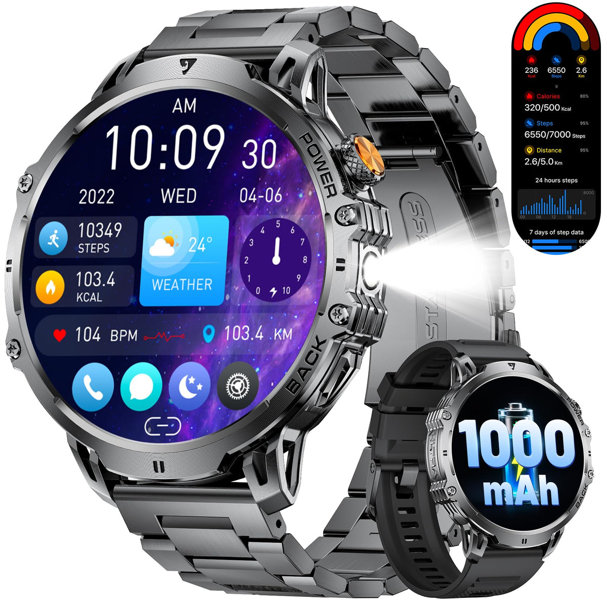LIGE Military Smart Watches for Men(2 Bands),1000mAh/1.85" HD Large Screen Smartwatch, Flashlight/110+ Sports Modes/Sleep Monitor, Fitness Tracker Watch for Android iOS,Black