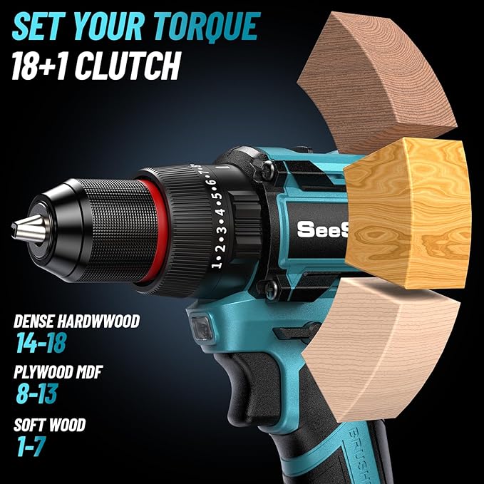 SEESII 21V Max Cordless Drill and Impact Driver, Power Tool Combo Kit Included 3/8'' Drill & 1/4'' Impact Driver, 2x 4000mAh Battery, Fast Charger, 20 pcs Driver Bit Set & Bag
