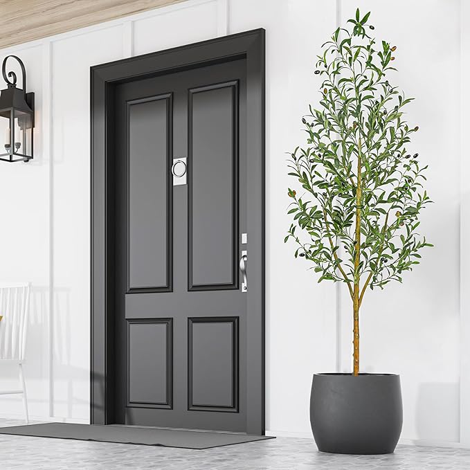 Artificial Olive Tree Artificial Plants, Tall Faux Olive Silk Plant with White Planter Home Office Decor Indoor Fake Potted Tree with Lifelike Fruits Housewarming Gift (1, White, 7FT)