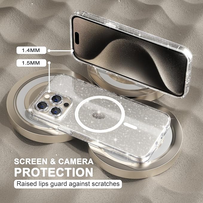 Choiche for iPhone 15 Pro Max Case Compatible with MagSafe Glitter Black | Women Girly Cute Glitter Sparkly Magnetic Phone Case with Diamond Camera Lens Protectors Military-Grade Drop Protection 6.7
