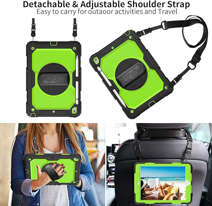 BLOSOMEET Case for iPad 9th/8th/7th Generation 2021/2020/2019 10.2 Inch with Tempered Glass Screen Protector & Pencil Holder,Protective Kids iPad 10.2 Case Cover w/Stand Hand Shoulder Strap,Green
