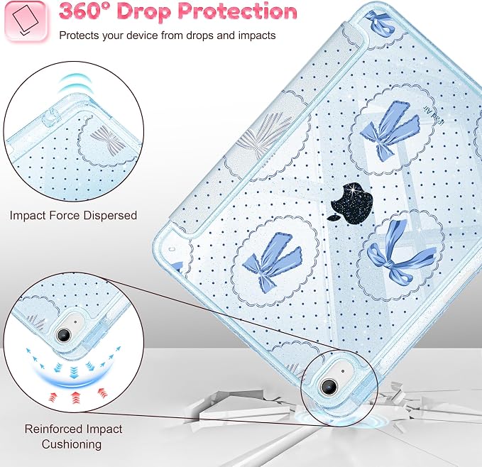 for iPad Air 11 inch M4/M3/M2 (2026/2025/2024) iPad Air 5th/4th Gen (2022/2020) 10.9 inch with Pencil Holder Glitter Clear Pretevtive Cover Auto Wake/Sleep Black Cartoon Stickers