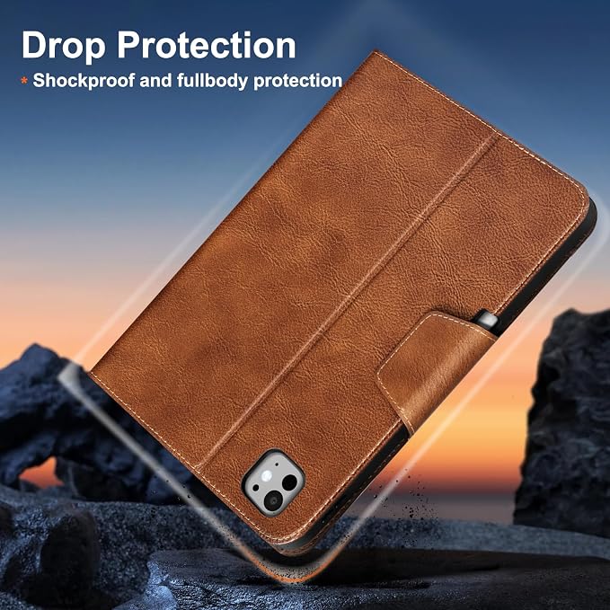 Gexmil Leather Case for iPad Pro 11 Inch M5/M4 2025/2024Crocodile Brown | Genuine Leather CoverPencil HolderMagnetic ClosureSmart Folio Auto Sleep/WakeProtectiveAdjustable Stand