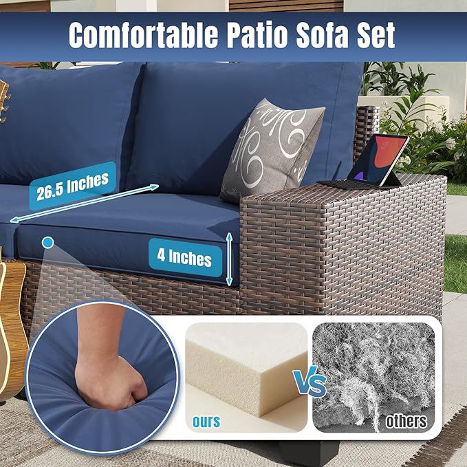Aoxun 6 Pieces Patio Furniture Set Wicker Rattan Outdoor Sectional Conversation Set with Coffee Table and 4” Thickened Cushions, Blue (Waterproof Cover Included)