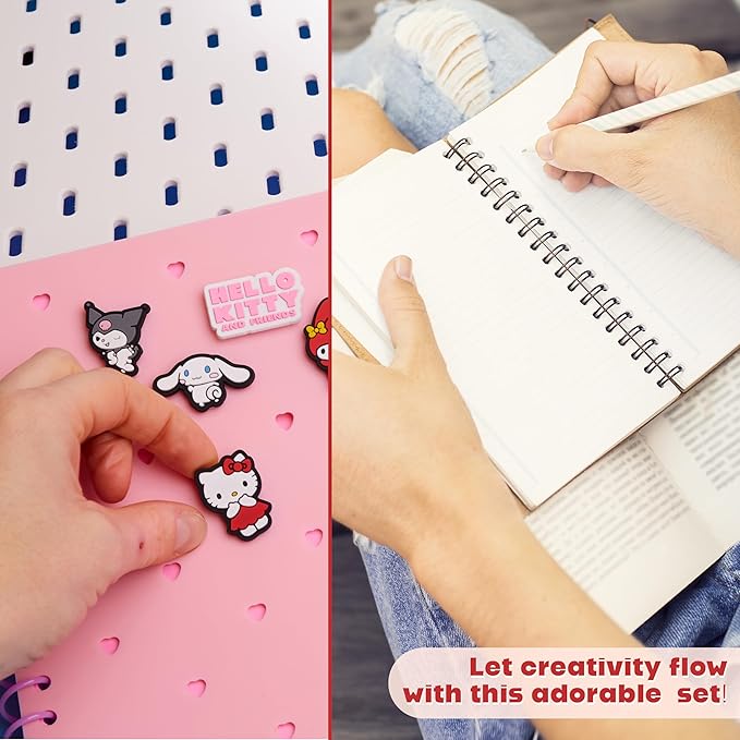 Hello Kitty A5 Customizable Notebook and Zipped Pencil Case, Kawaii Stationery Set with Character Chibi Pins Sticky Notes, Anime Gifts for Kids