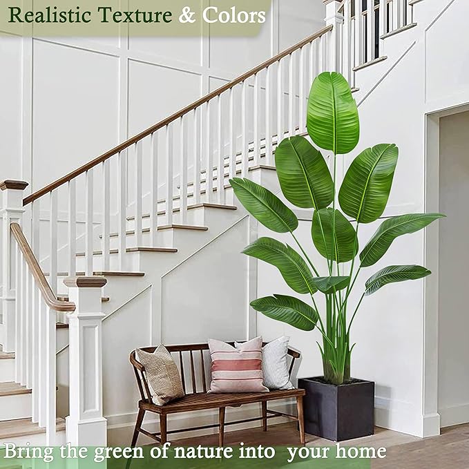 Artificial Bird of Paradise Plant: 6FT Faux Traveler's Palm Fake Banana Tree Elephant Ear Leaf Tall Silk Floor Plant in White Pot for Home Decor Indoor Office Entryway Balcony Patio Cafe Hotel