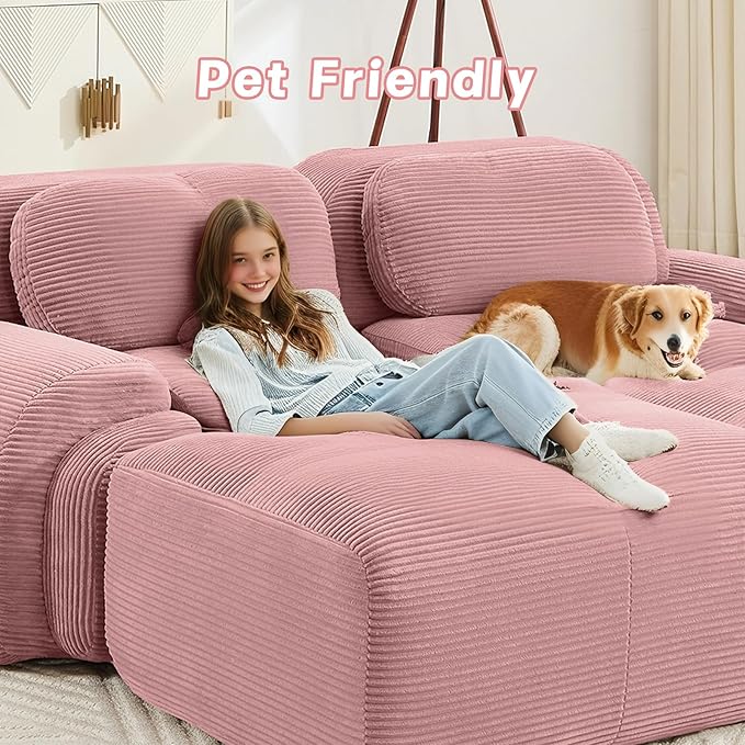 80" Modern Compressed Boneless Love Seat Couches, 2 Seater Large Sectional Couches for Living Room, Pink Corduroy Cloud Modular Sectional Sofa, Memory Foam, Extra Deep Loveseat, No Assembly