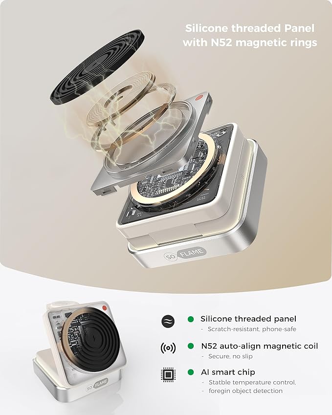 SoFlame 3 in 1 Magnetic Wireless Charging Station for Mag-safe Charger, Foldable Travel Charger with Night Light, 15W Fast Charging Stand with 25W Adapter, for iPhone17-12, Apple Watch, AirPods -Beige