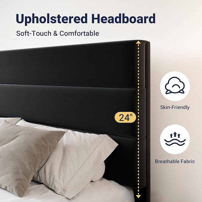 Allewie Modern King Size Platform Bed Frame with 4 Storage Drawers and Velvet Upholstered Headboard, Wooden Slats Support, Upholstered Mattress Foundation/No Box Spring Needed/Easy Assembly, Black