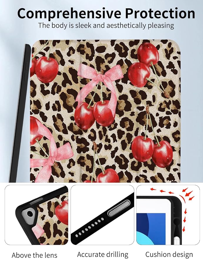 Case for iPad 9th/ 8th/ 7th Generation Case 10.2&amp10.5 Inch (2021/2020/2019 Release) Slim Lightweight Soft Trifold Back Cover with Pencil Holder &amp Auto Sleep/Wake Cover Cherries Cheetah Bows