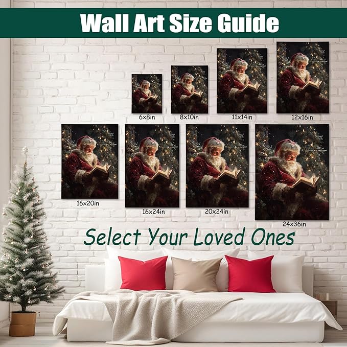 Vintage Santa Claus Reading Canvas Wall Art - Rustic Framed Christmas Canvas Prints for Living Room, Cozy Winter Wall Decor, Ideal Christmas Gifts & Festive Decorations