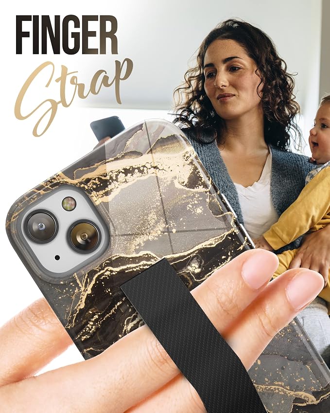 ENCASED Finger Loop Case Designed for iPhone 14 Plus Case with Hand Strap Phone Holder and Screen Protector (Black/Gold Marble)